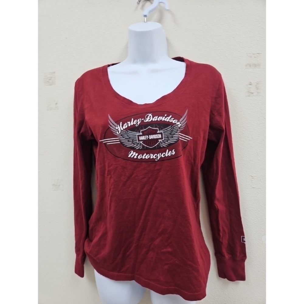 Harley-Davidson Long Sleeve T-Shirt Womens Size M Graphic Scoop Neck Logo